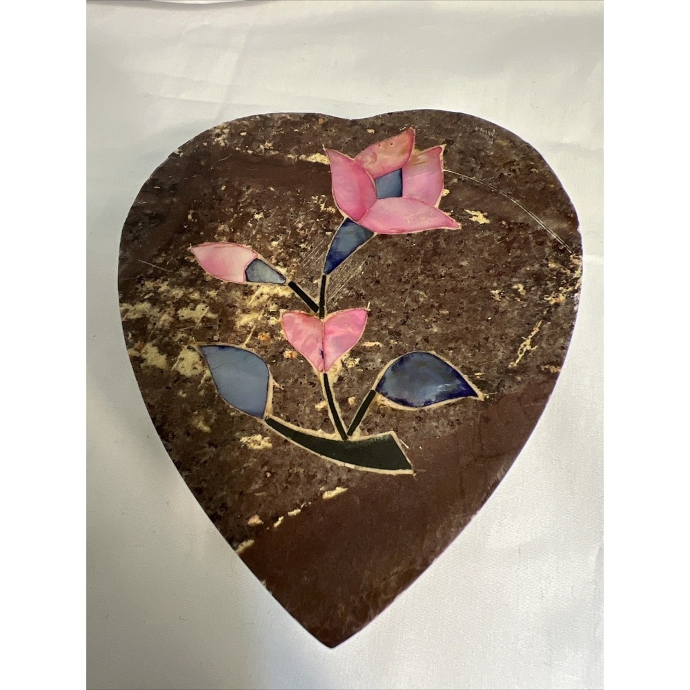 Vintage Natural Stone Heart Shaped Trinket Box With Inlaid Mother Of Pearl India